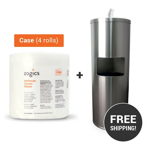 Zogics Wellness Center Wipes, 4 rolls/case and Wipes Floor Dispenser with Door Black Powder Coated Z650B-Z1000 - main